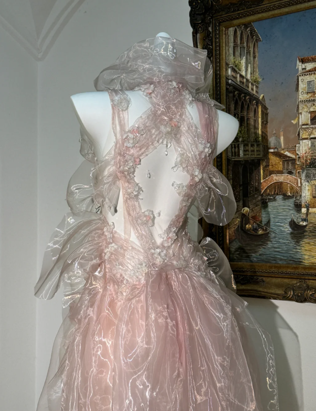 Vestido de fiesta largo de tul rosa hada con cuentas y espalda descubierta Y8564