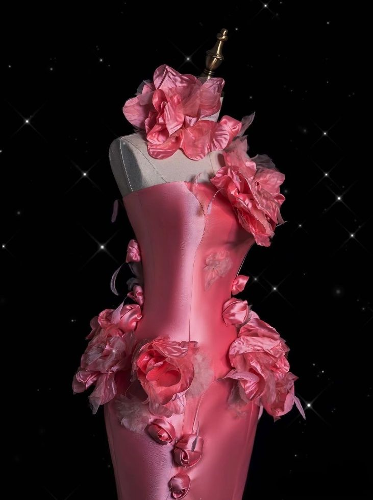 Vestido de fiesta largo de noche con sirena y flores 3D de satén rosa Y8339