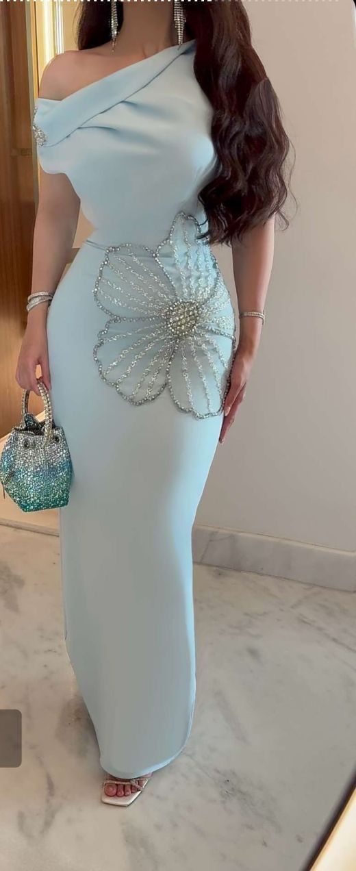 Schickes One-Shoulder Satin Perlen Ballkleid Blau Abendkleid Y8260