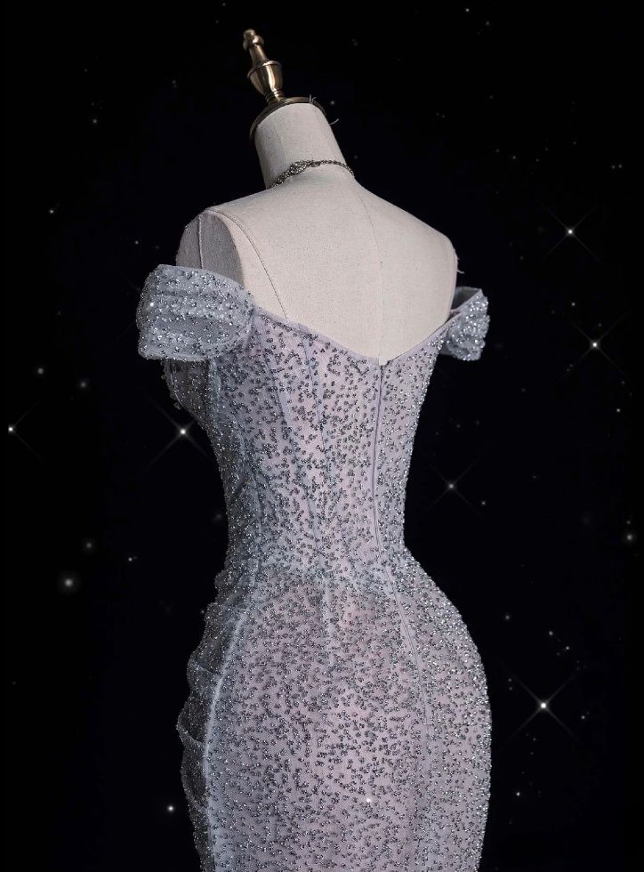 Glitzerndes lila Tüll-Meerjungfrau-Abendkleid mit Perlen, schulterfrei, langes Ballkleid Y8054
