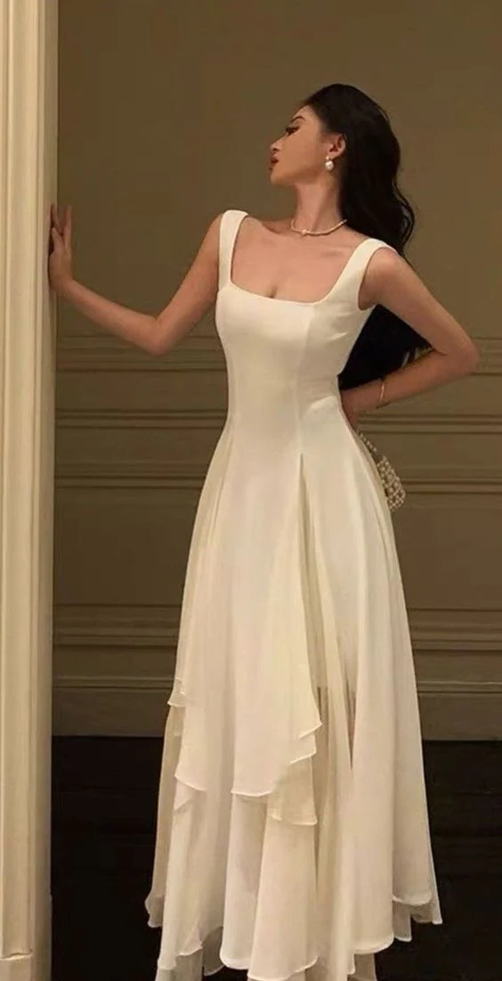 Weißes asymmetrisches A-Linien-Abendkleid mit quadratischem Ausschnitt, langes Y2786