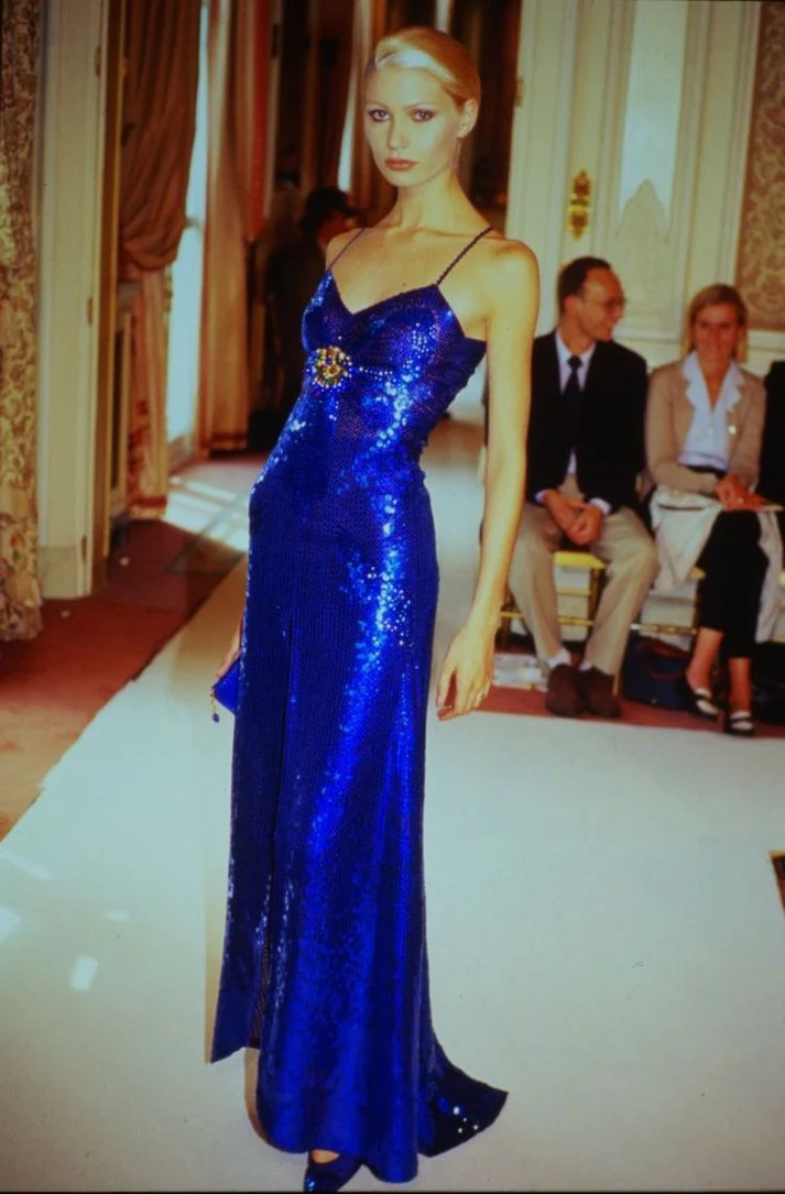 Mode Spaghettiträger Royalblau Pailletten Langes Ballkleid Abendkleid Y8206