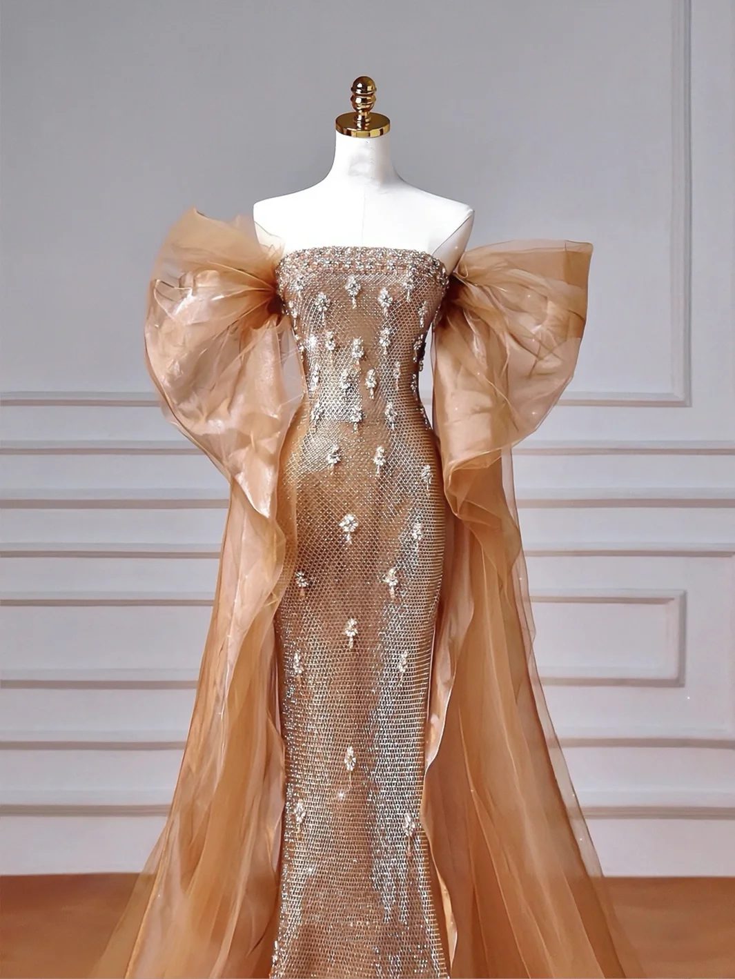 Vestido de fiesta de lujo con hombros descubiertos de tul y cuentas, vestido de noche largo estilo sirena Y8610