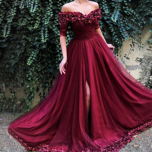 Vestido de noche de playa sexy y sencillo con hombros descubiertos, color rojo vino, 2025, mangas cortas, LA60762, vestido de noche para mujer