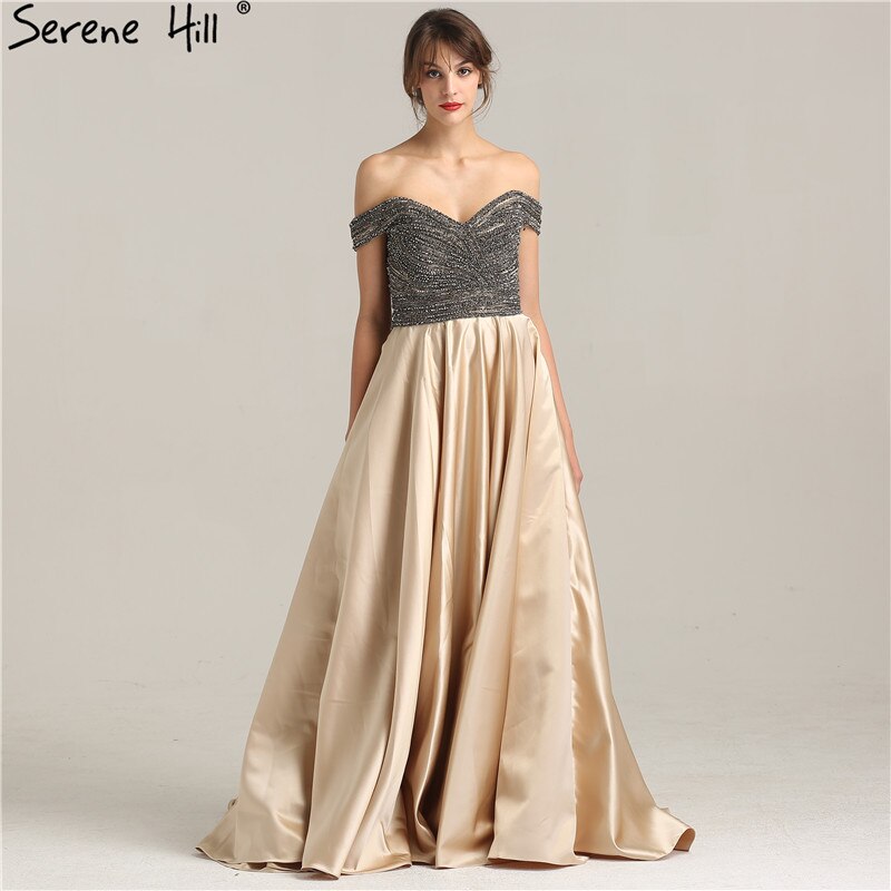 Vestido de fiesta de noche de satén con cristales y diamantes de imitación, corte en A, sexy, con hombros descubiertos y cuentas, LA6252, 2025
