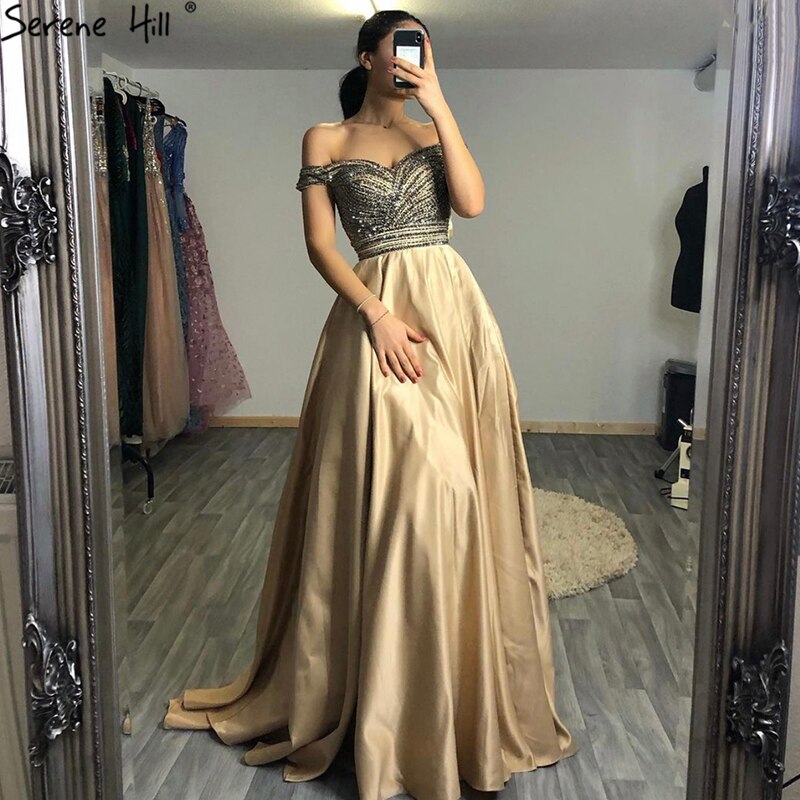 Vestido de fiesta de noche de satén con cristales y diamantes de imitación, corte en A, sexy, con hombros descubiertos y cuentas, LA6252, 2025