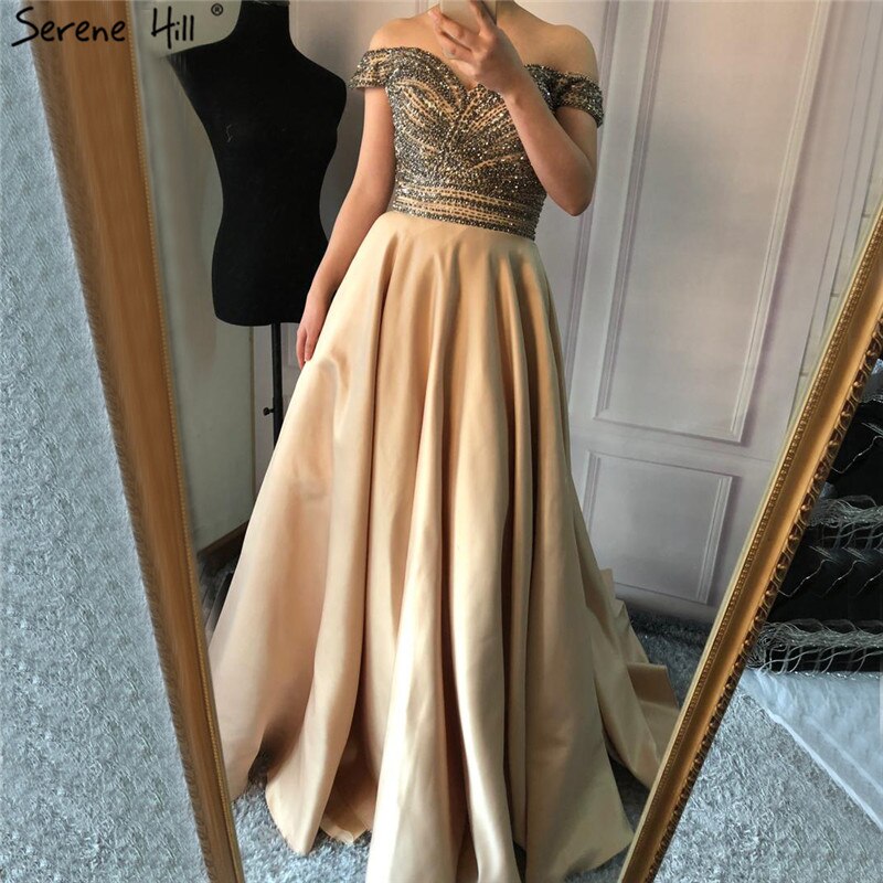 Vestido de fiesta de noche de satén con cristales y diamantes de imitación, corte en A, sexy, con hombros descubiertos y cuentas, LA6252, 2025