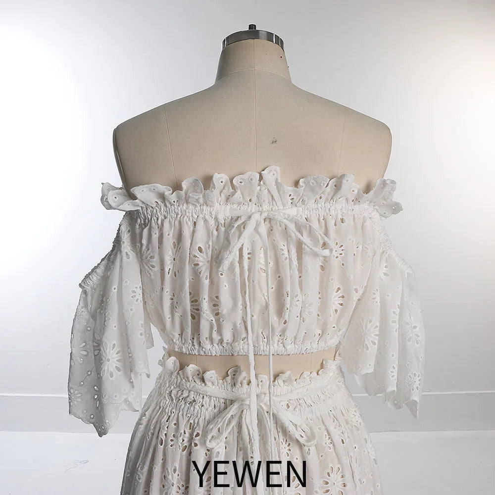 Schulterfreies Boho-Umstandskleid mit elastischer Taille, Cut-out-Blumenmuster für Fotoshootings, Boho-Maxikleid für Strandhochzeiten, YEWEN SY230308