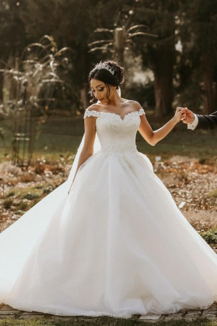 Off the shoulder White Garden Ball Gown Wedding Dress – Sunnderly