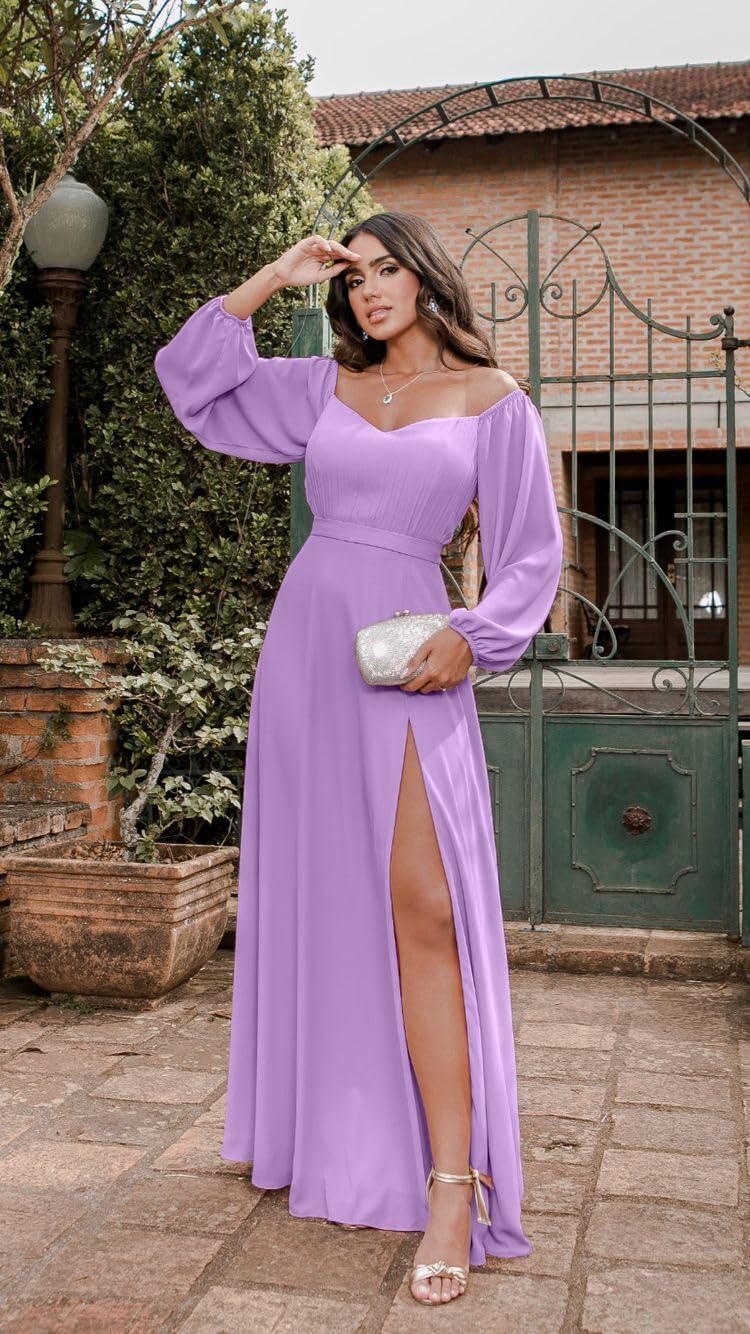 Schulterfreies Chiffon-Ballkleid mit Schlitz SYP170