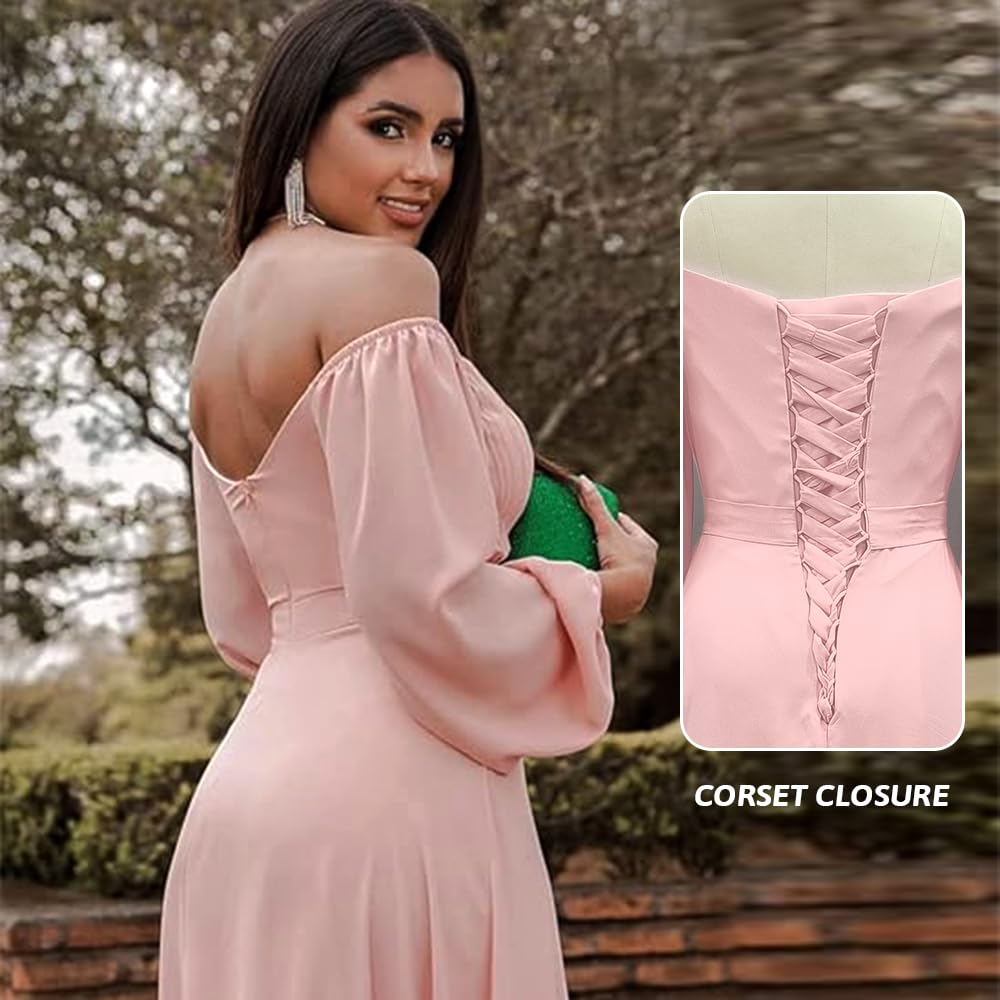 Schulterfreies Chiffon-Ballkleid mit Schlitz SYP170
