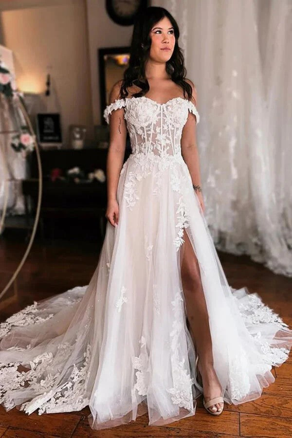 Off Shoulder Elegant Wedding Dress Boho Wedding Dress With Slit WD735