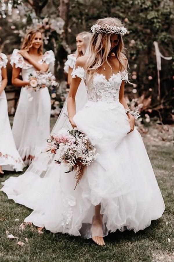 Off the Shoulder Ball Gown White Tulle Wedding Dresses with Applique WD561
