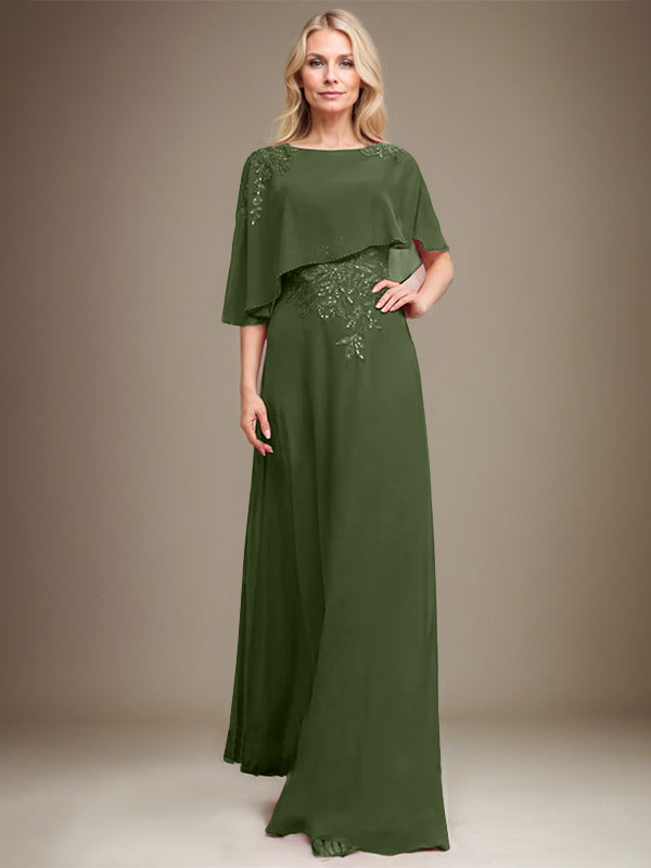 A-Linie U-Ausschnitt Bodenlang Chiffon Spitze Kleid für die Brautmutter mit Pailletten und Perlen