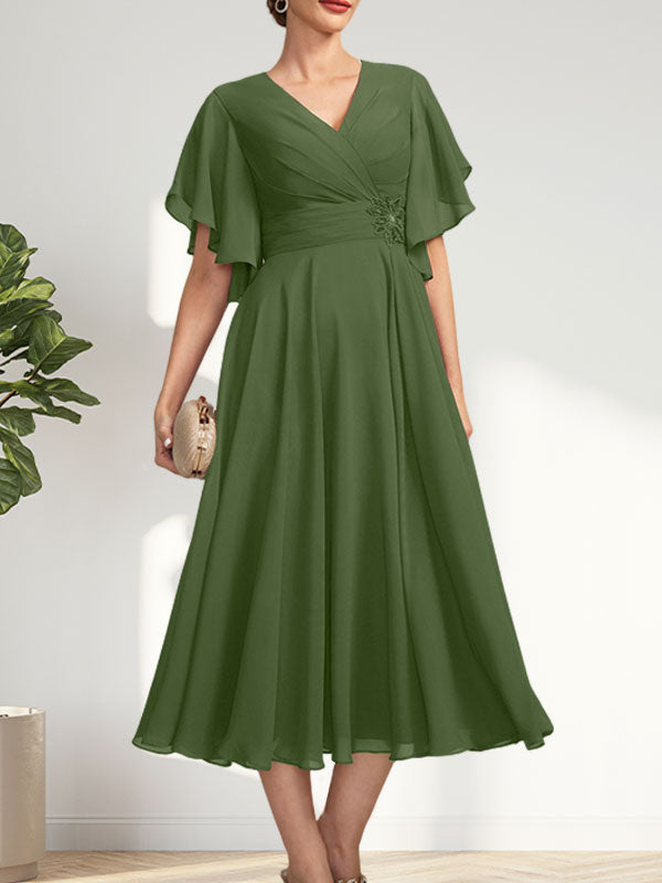 A-line V-Neck Tea-Length Chiffon Mother of the Bride Dress With Pleated Beading