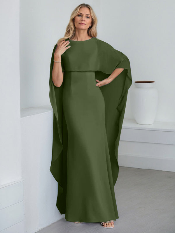 Bodenlanges Etui-Kleid aus Chiffon mit U-Ausschnitt und kaskadierenden Rüschen