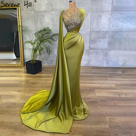 Vestido de noche de satén estilo sirena verde oliva 2025, elegante, con mangas estilo capa y cuentas, para mujer, fiesta LA71283