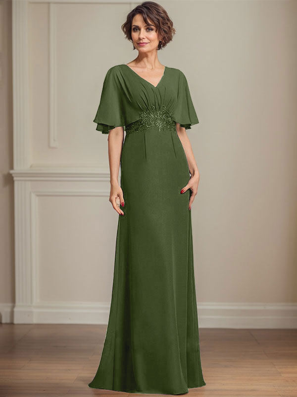 A-Linie V-Ausschnitt Bodenlanges Chiffonkleid für die Brautmutter mit plissierten Paillettenapplikationen Spitze