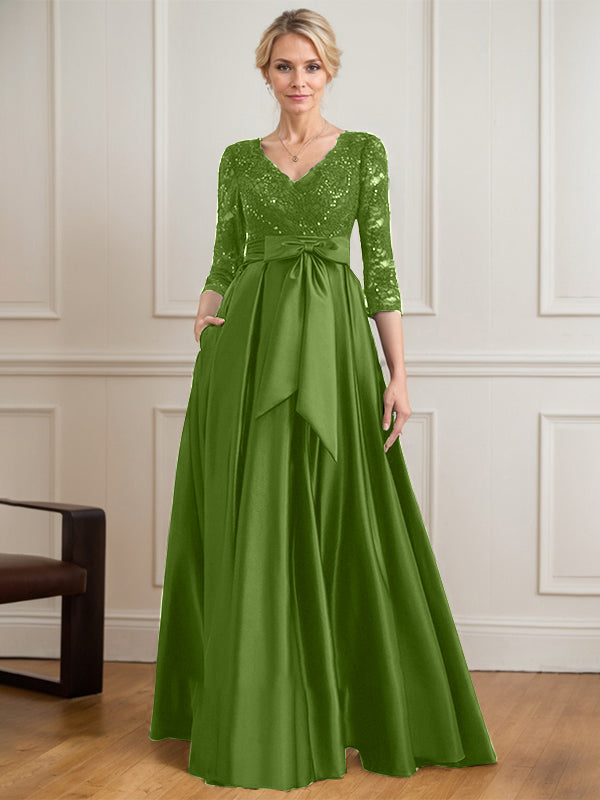 A-Linie V-Ausschnitt Bodenlanges Satin-Spitzenkleid für die Brautmutter mit Paillettenschleife