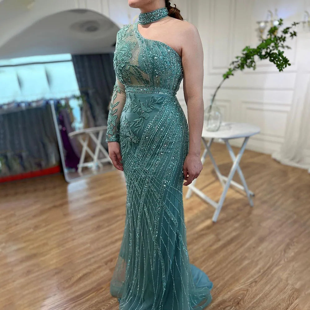 En oferta, sin devolución ni reembolso, vestido de noche de sirena turquesa con cuentas de un solo hombro para fiesta de bodas de mujer en LA72067