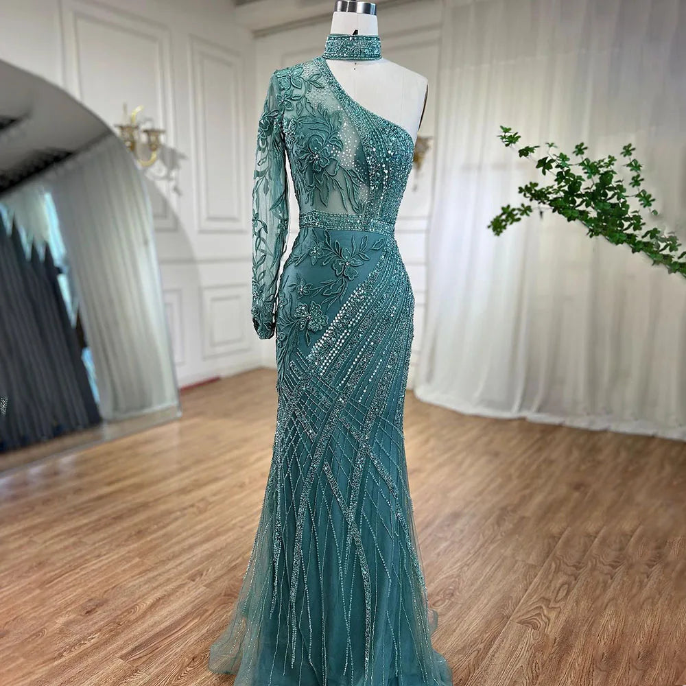 En oferta, sin devolución ni reembolso, vestido de noche de sirena turquesa con cuentas de un solo hombro para fiesta de bodas de mujer en LA72067