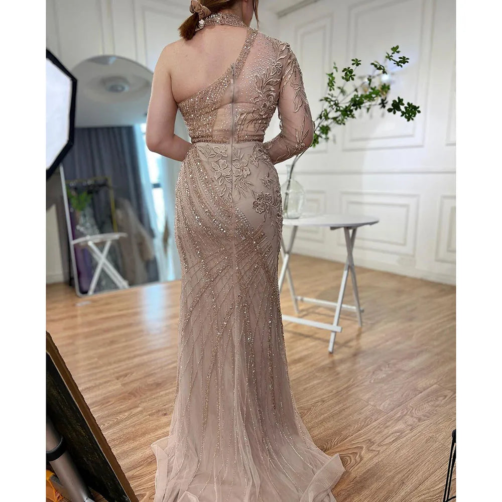 En oferta, sin devolución ni reembolso, vestido de noche de sirena turquesa con cuentas de un solo hombro para fiesta de bodas de mujer en LA72067