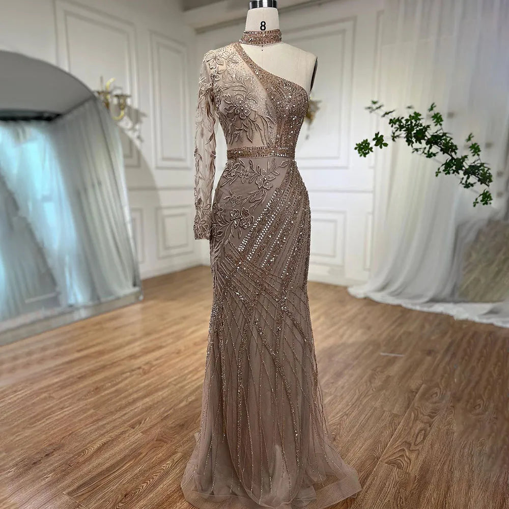 En oferta, sin devolución ni reembolso, vestido de noche de sirena turquesa con cuentas de un solo hombro para fiesta de bodas de mujer en LA72067