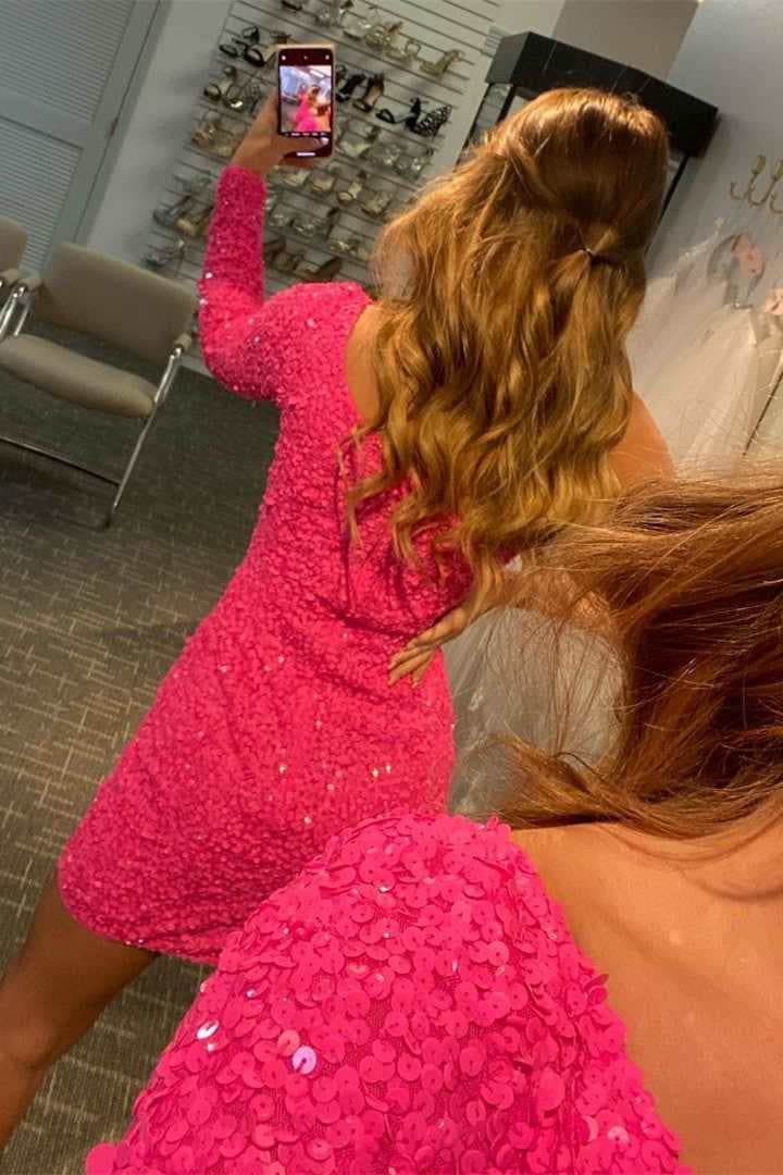 Long Sleeve Sequined Hot Pink Homecoming Dress SYH18