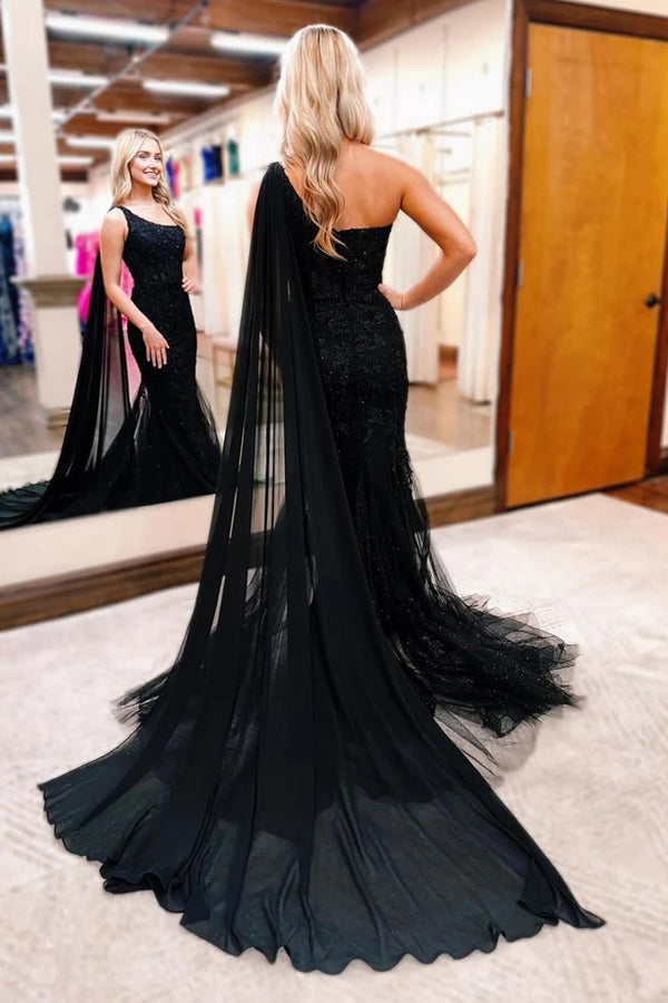 One Shoulder Mermaid Lace Black Prom Dress Formal Gown
