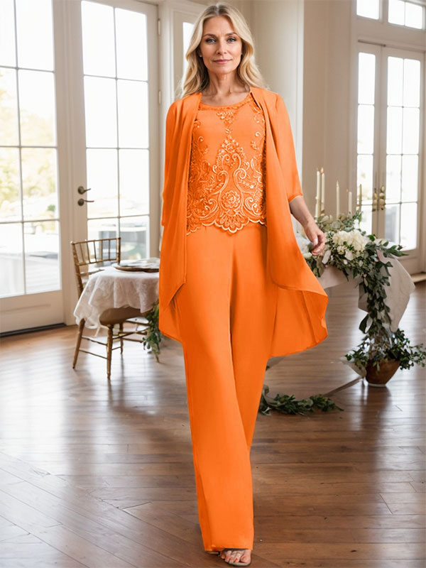 Separates Jumpsuit/Hosenanzug, U-Ausschnitt, bodenlanges Chiffon-Spitzenkleid für die Brautmutter mit Perlen und Pailletten