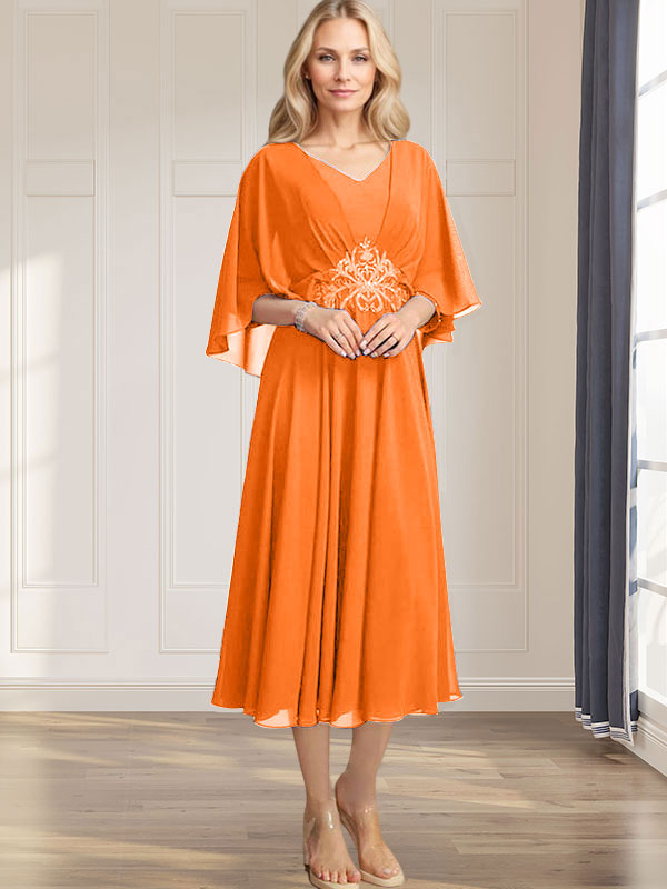 A-Linie V-Ausschnitt Wadenlanges Chiffonkleid für die Brautmutter mit plissierten Paillettenapplikationen Spitzenbesatz