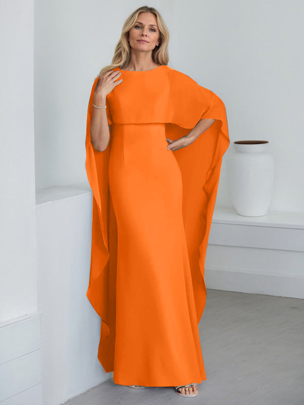 Bodenlanges Etui-Kleid aus Chiffon mit U-Ausschnitt und kaskadierenden Rüschen