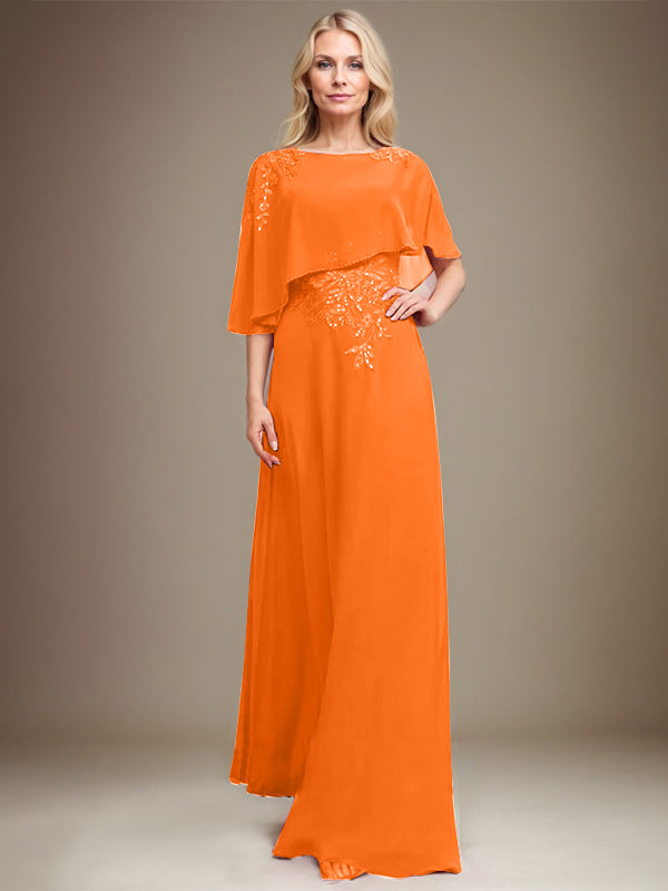 A-Linie U-Ausschnitt Bodenlang Chiffon Spitze Kleid für die Brautmutter mit Pailletten und Perlen