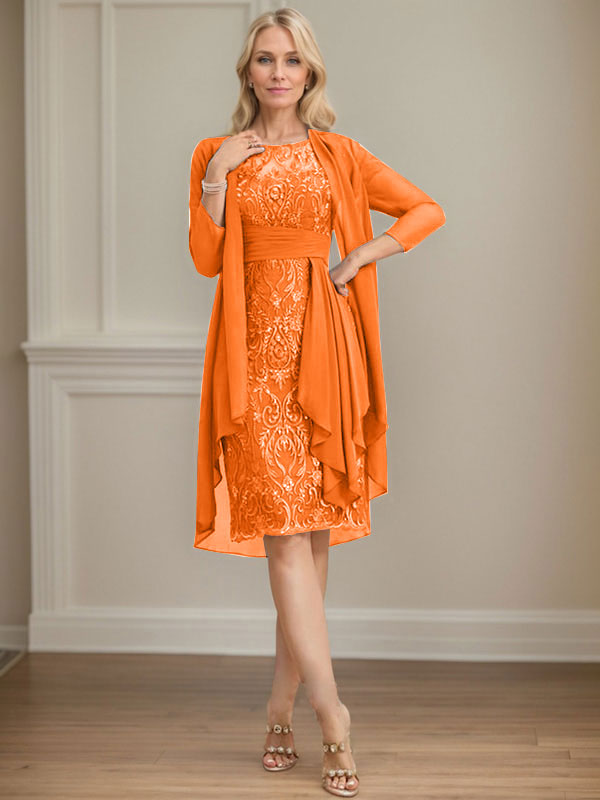 Sheath/Column Scoop Illusion Knee-Length Lace Chiffon Mother of the Bride Dress With Cascading Ruffles Sequins