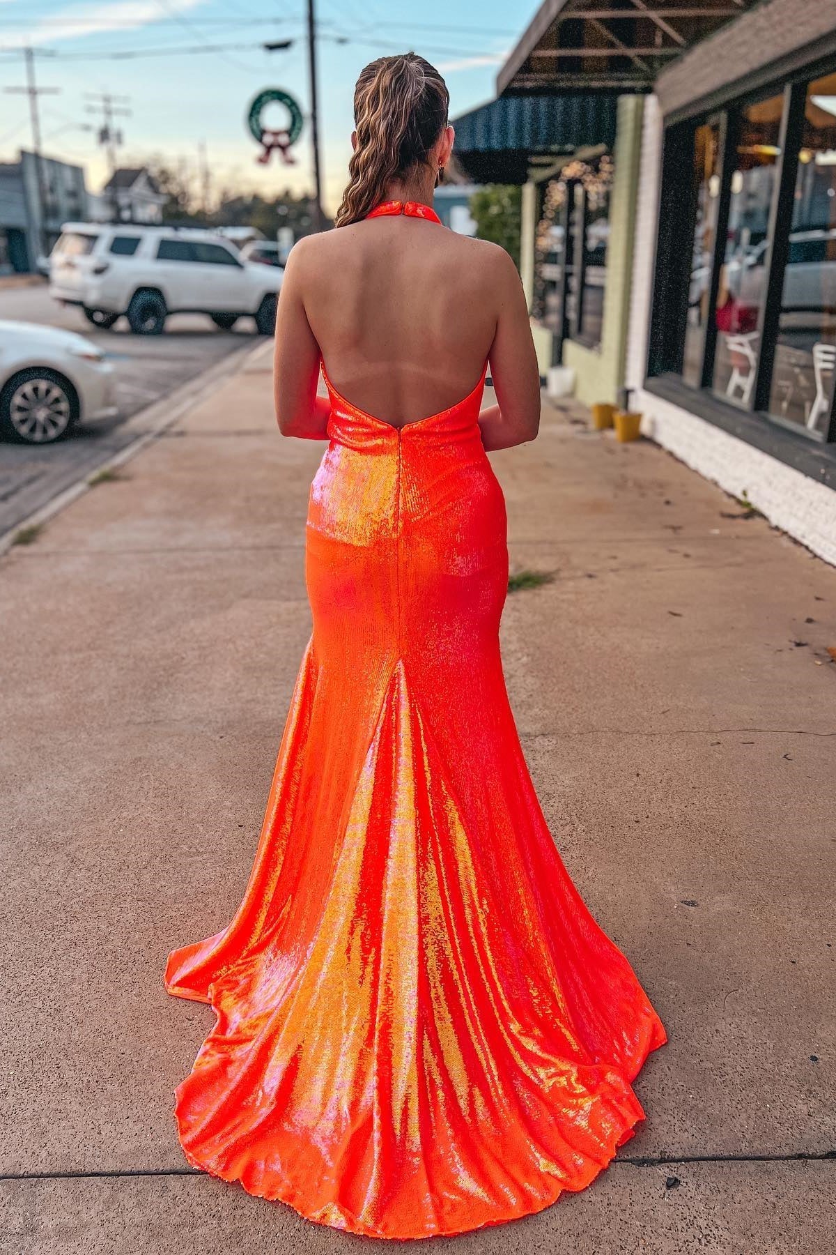 Orange Meerjungfrau Neckholder Pailletten Ballkleid SYP143
