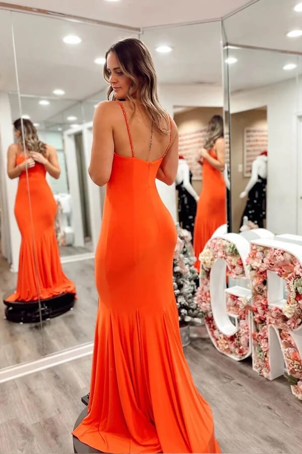 Stretchy Satin Mermaid Spaghetti Straps Prom Dresses With Train