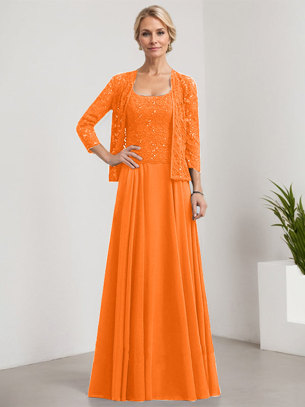 A-Linie Quadratisches Bodenlanges Spitzen-Chiffon-Kleid für die Brautmutter mit Pailletten