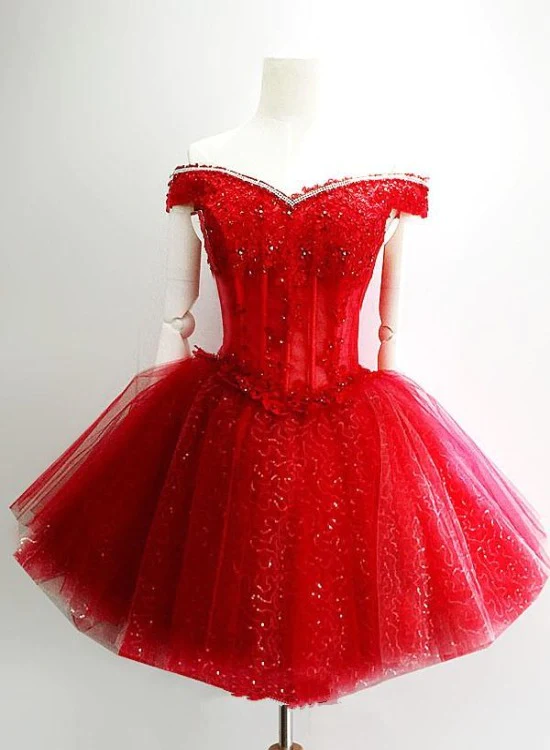Adorable vestido rojo de fiesta corto con escote en forma de corazón de tul brillante y hombros descubiertos, Y1212