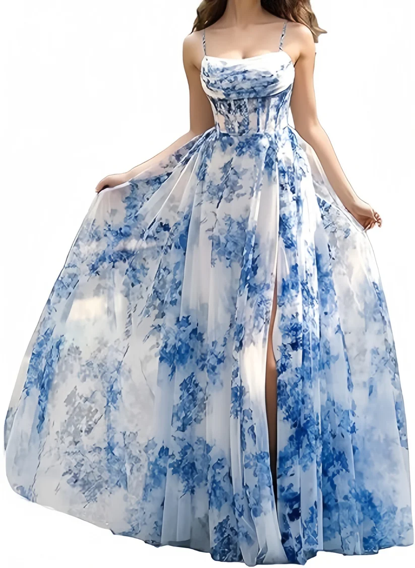 Glamouröses blaues Chiffon-Print-Ballkleid mit Blumenschlitz und Spaghettiträgern, Abendkleid Y8277