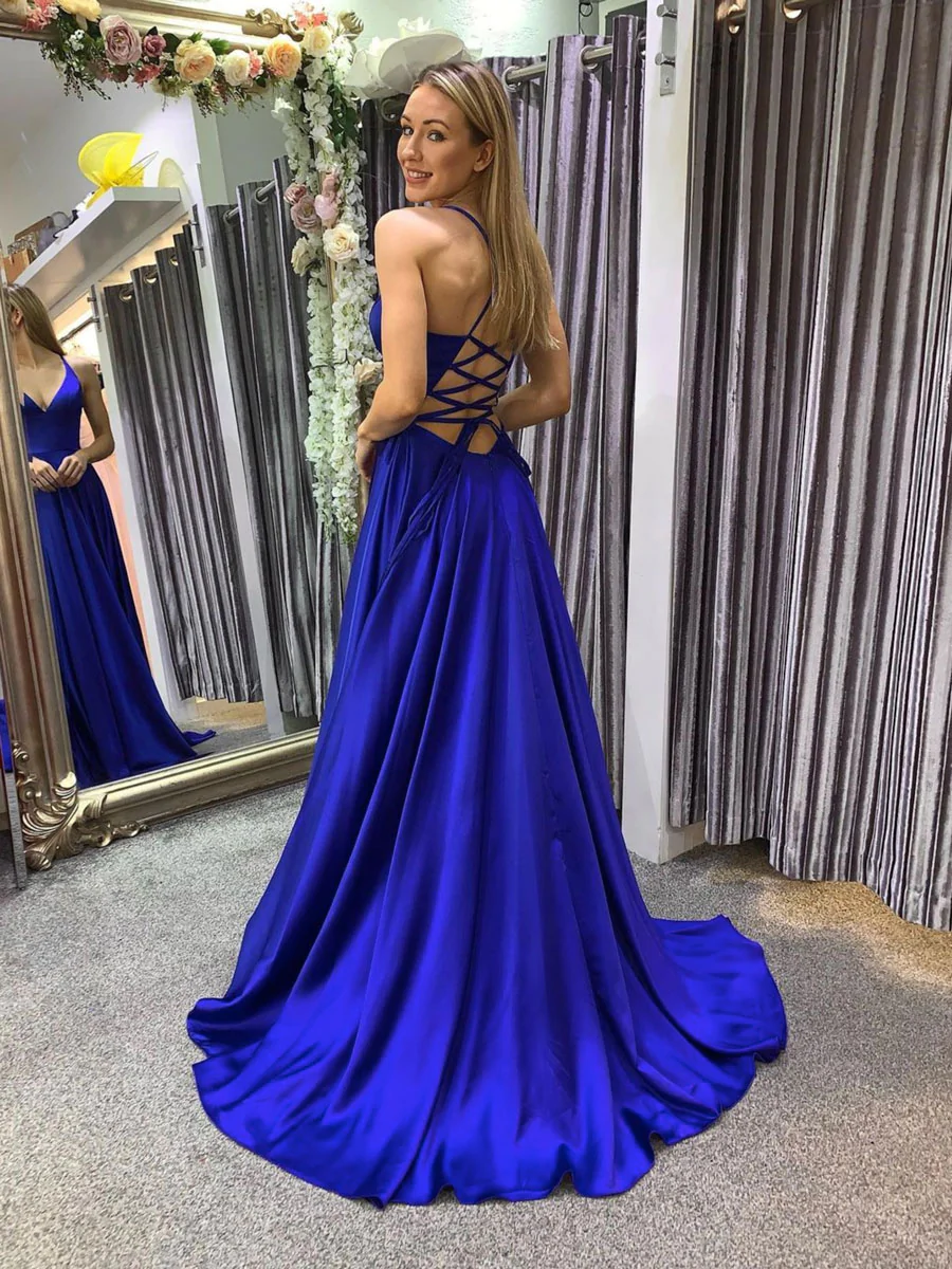 Vestido de fiesta largo azul sencillo de corte A, vestido de noche azul sin espalda Y367