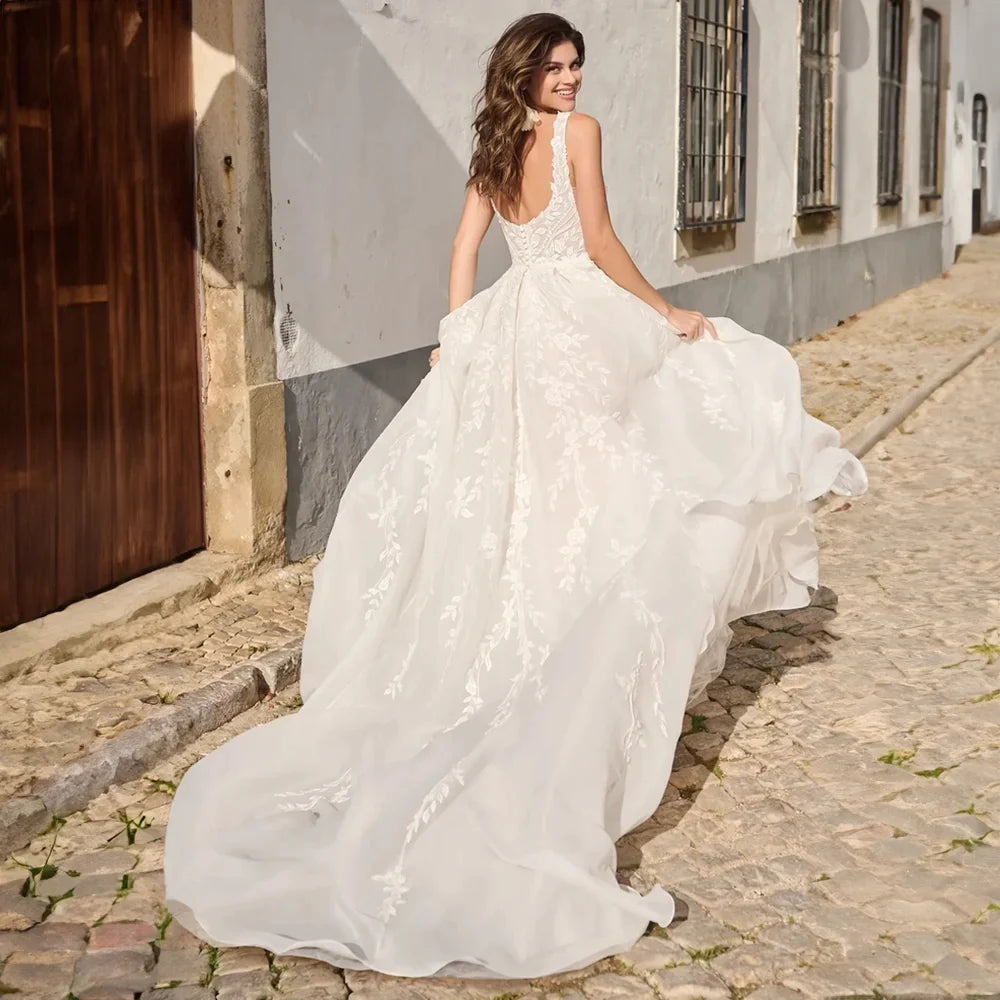 Elegant Square Neck Wedding Dress Open Back Sleeveless A-line Beading Exquisite Bridal Gowns Custom Made robe de mariée-payinti