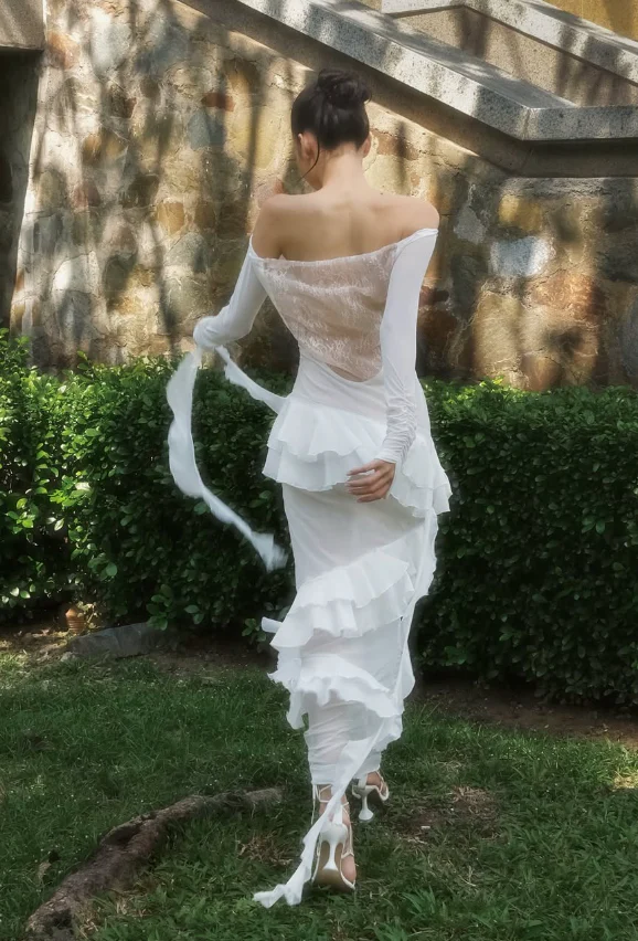 Vestido de noche elegante de gasa con encaje y volantes, vestido de novia blanco Y8082
