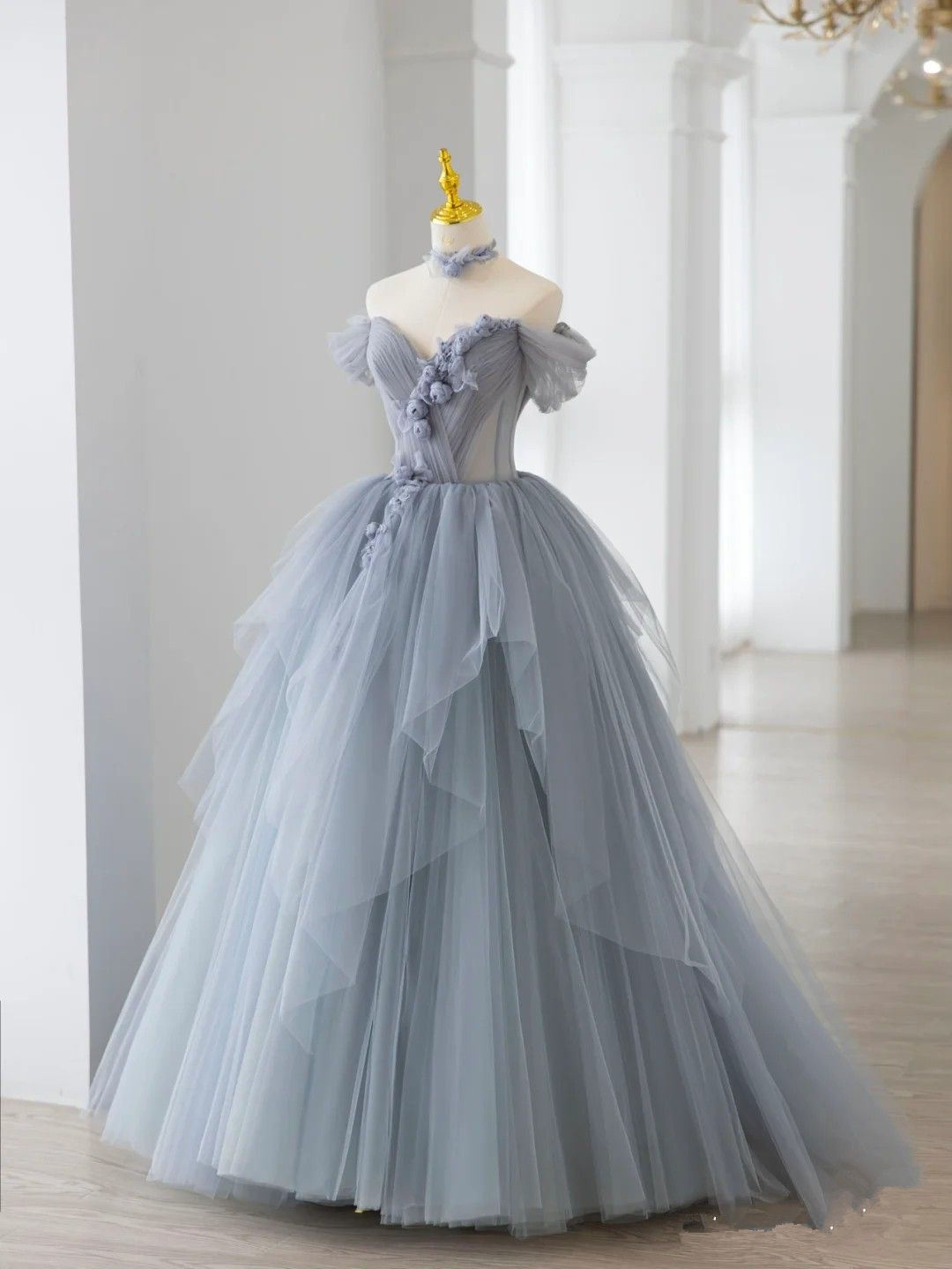 Smoke Gray Ball Gown Off The Shoulder Irregular Hem Sweet 16 Dress Y2590