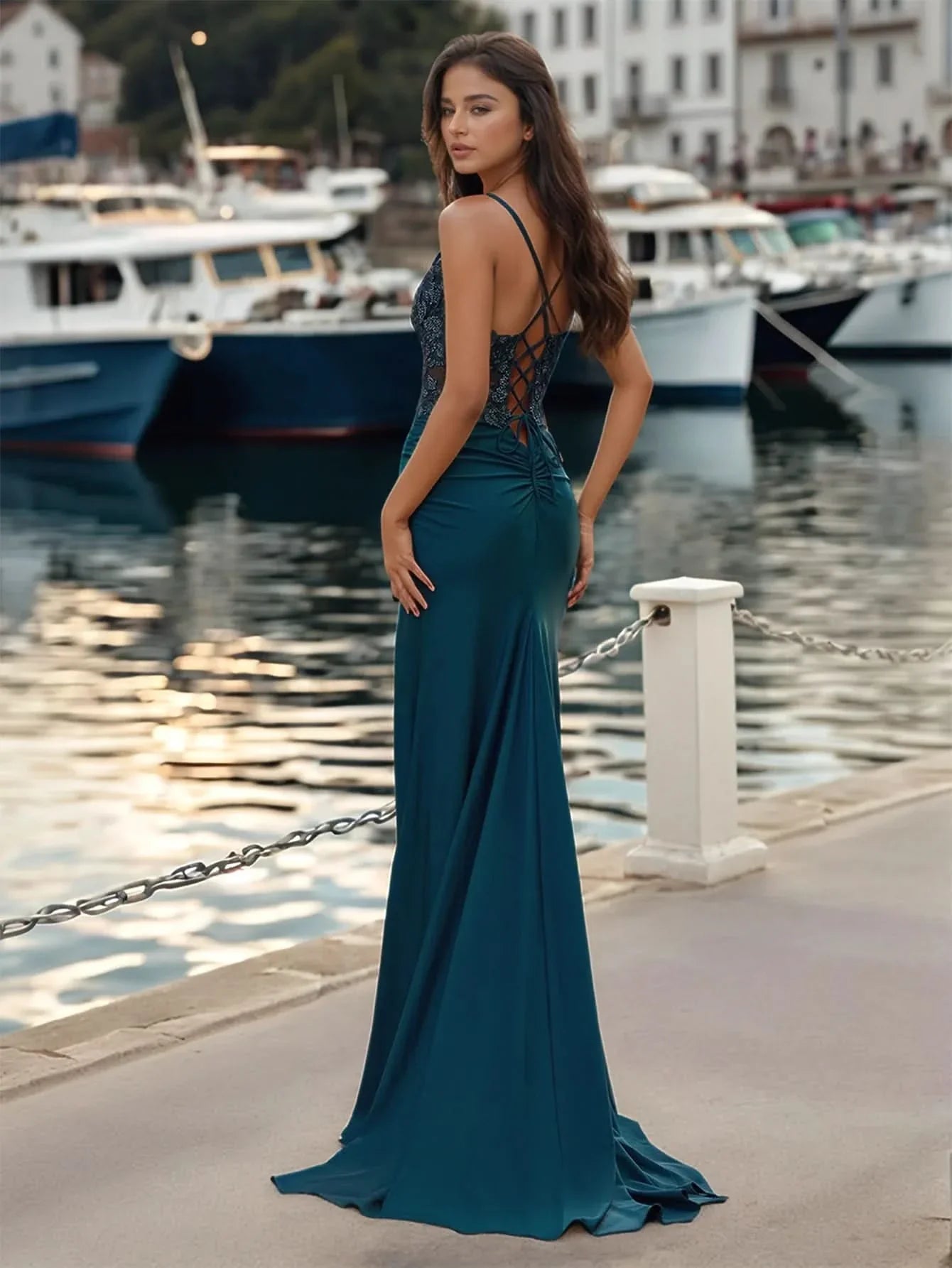 Illusion Lace Embroidery Deep V-Neck Satin Mermaid Prom Dress