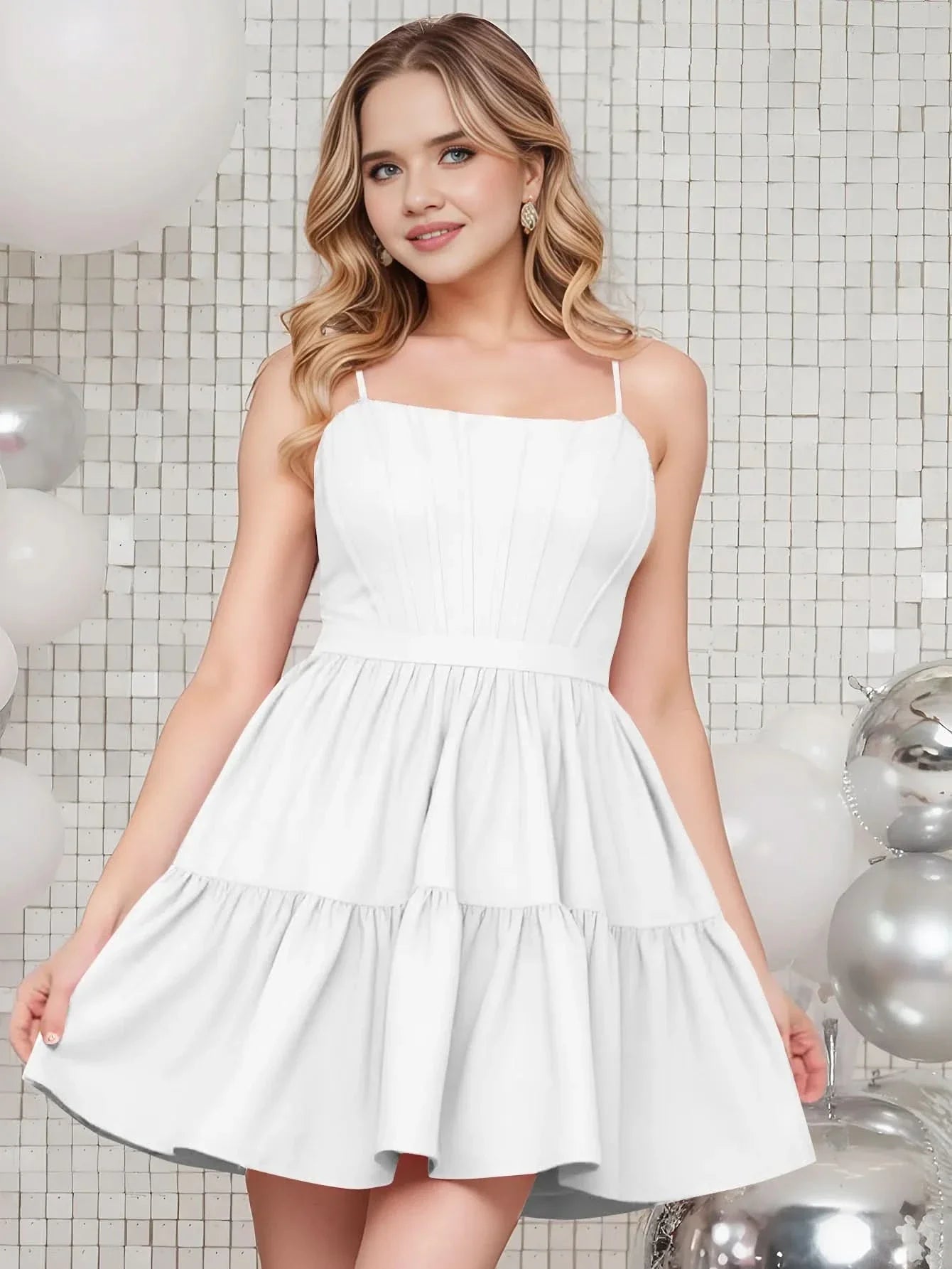 Spaghetti Strap Square Mini Ball Gown Prom Dress With Pleats