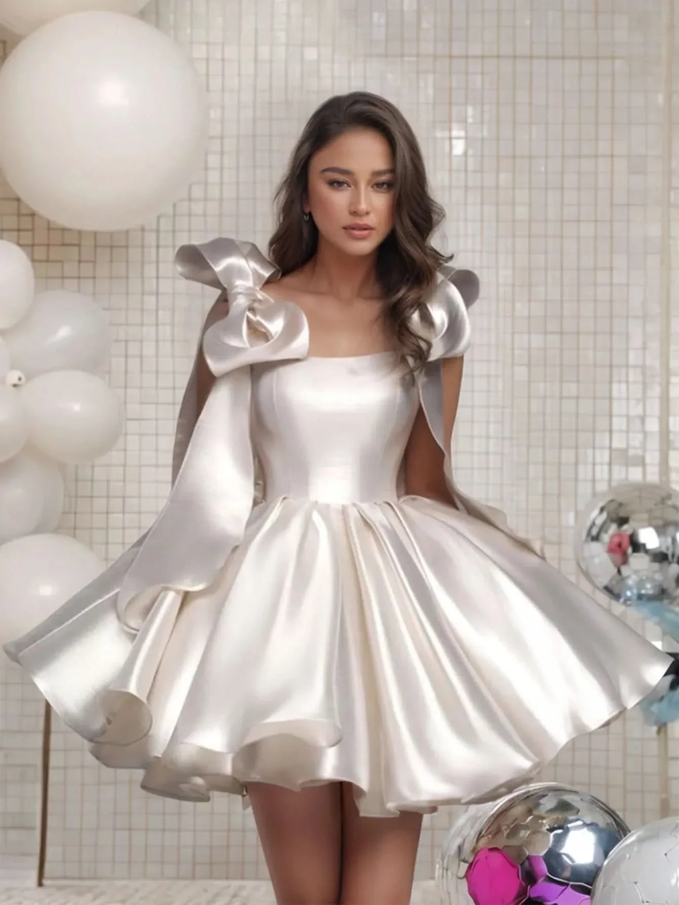Square Satin Mini Ball Gown Prom Dress With Bow