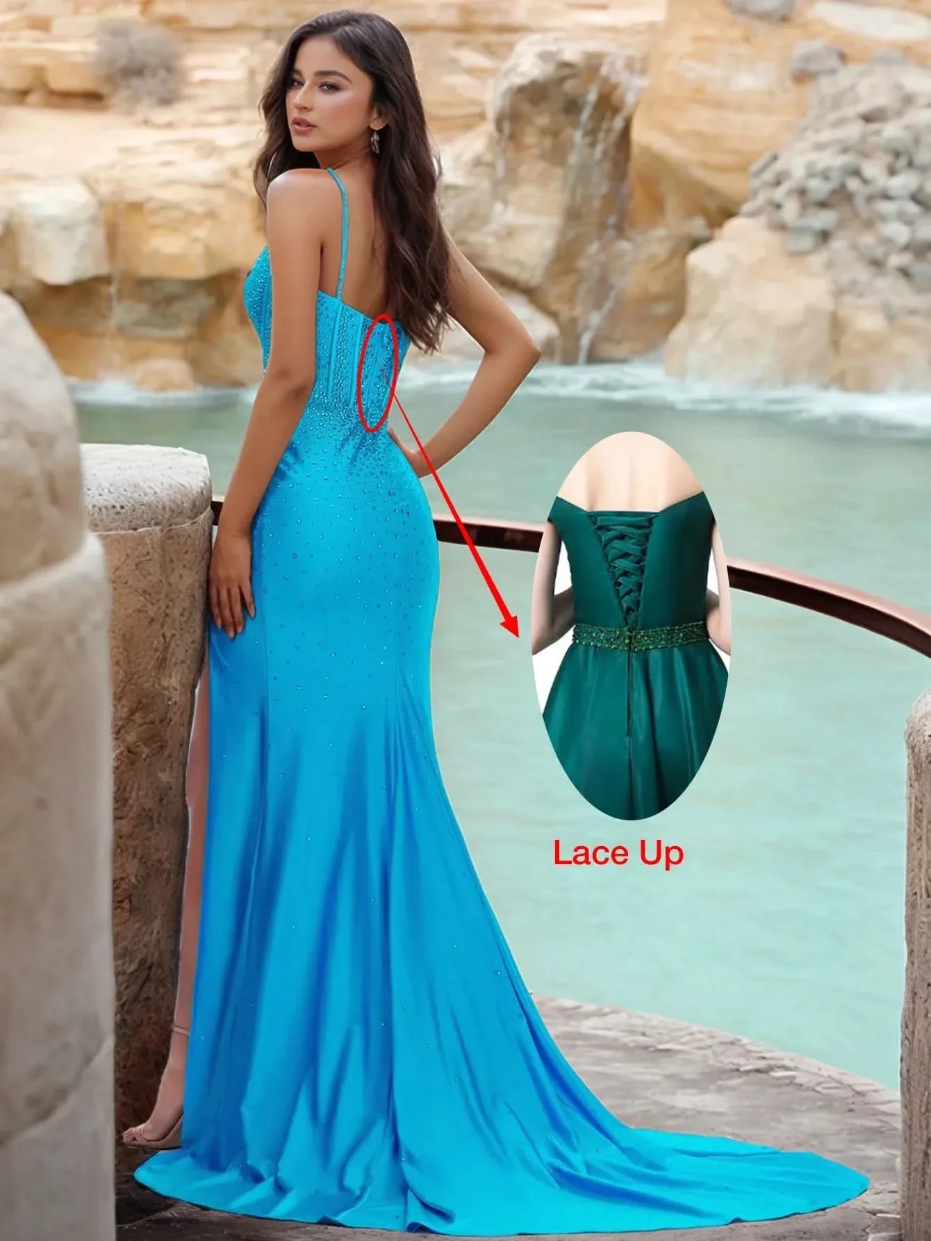Luxury Hot Fix Deep V-Neck Spaghetti Strap Mermaid Prom Dress