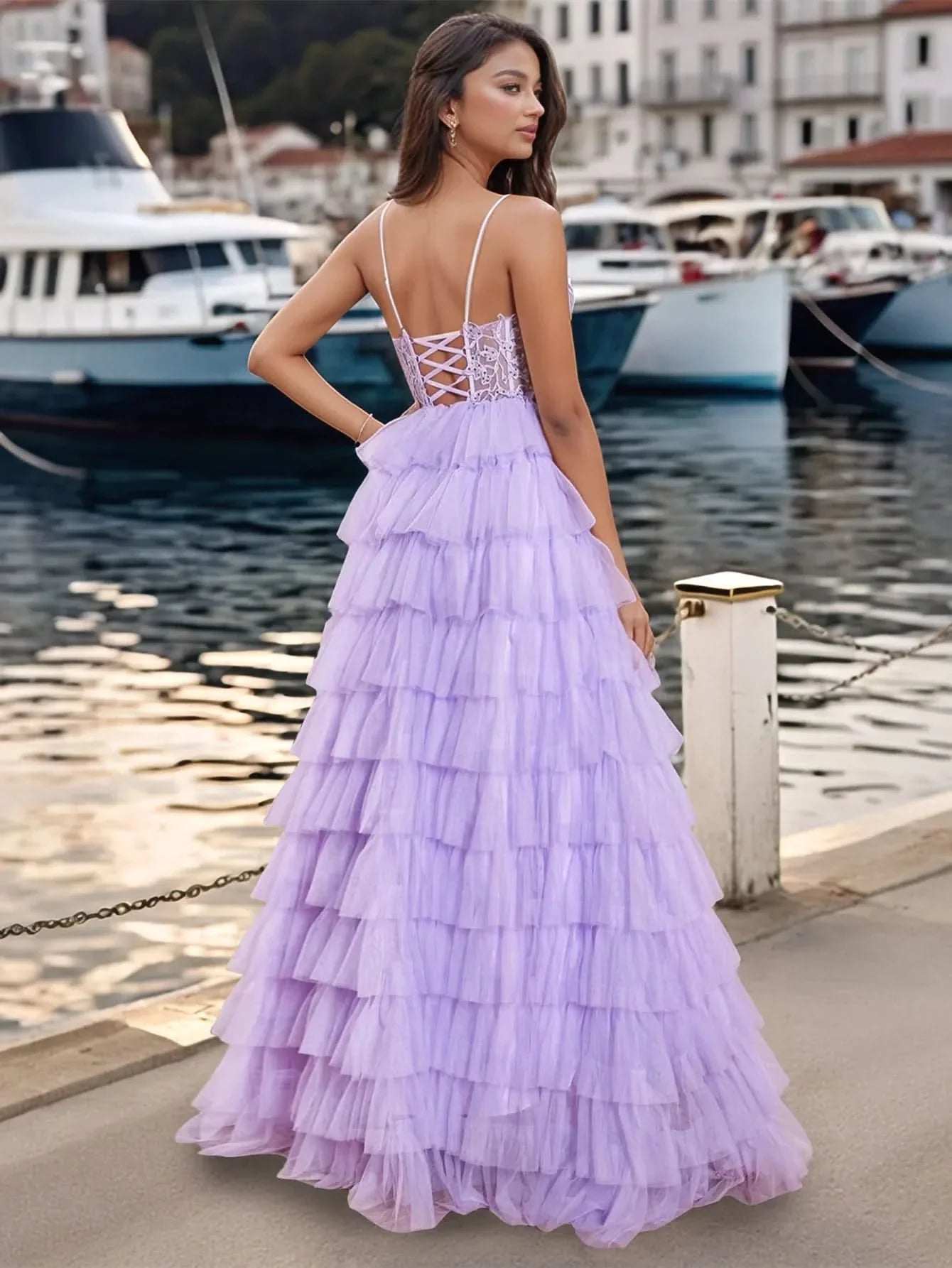 Lace Embroidery Spaghetti Strap Layered Ball Gown Prom Dress