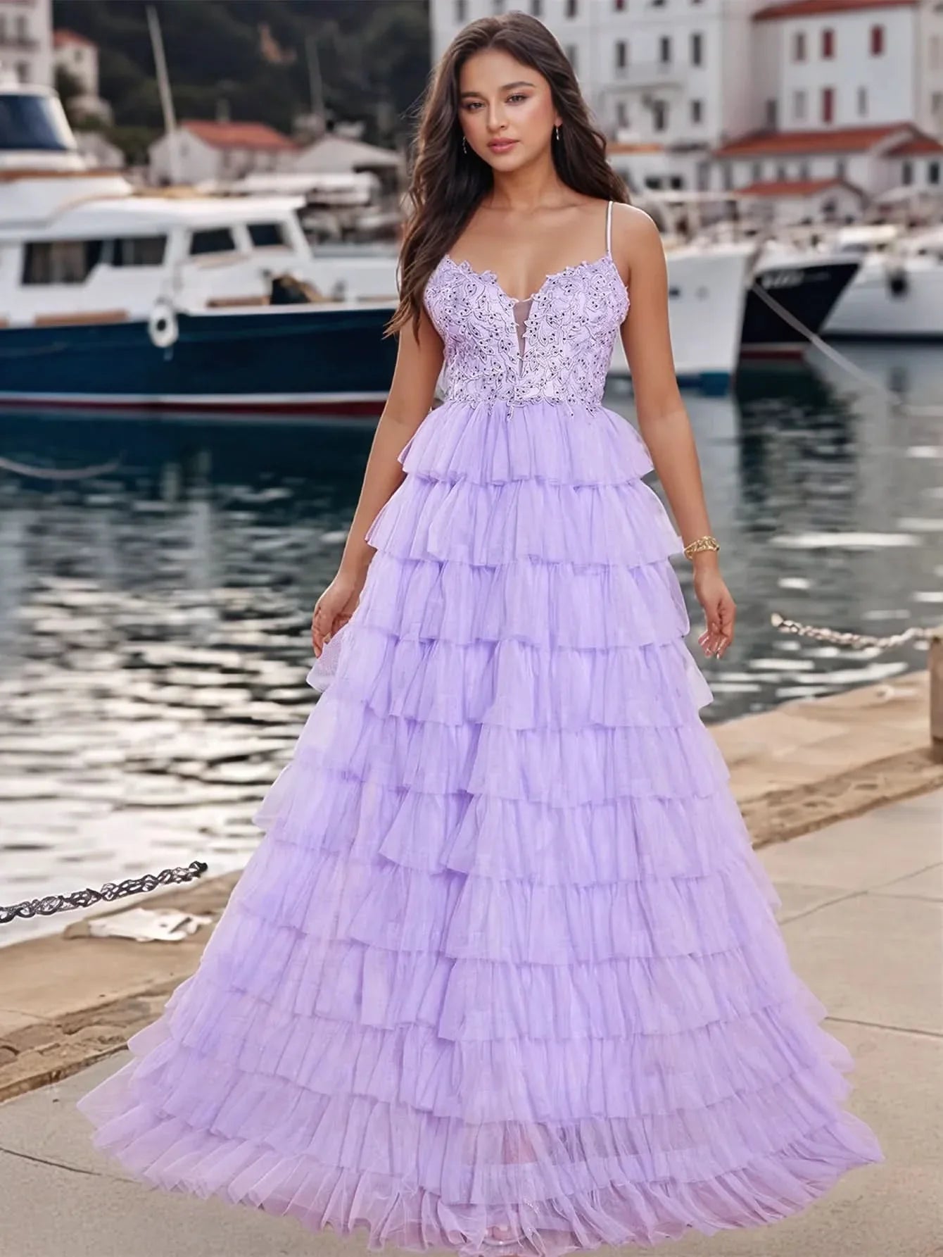 Lace Embroidery Spaghetti Strap Layered Ball Gown Prom Dress