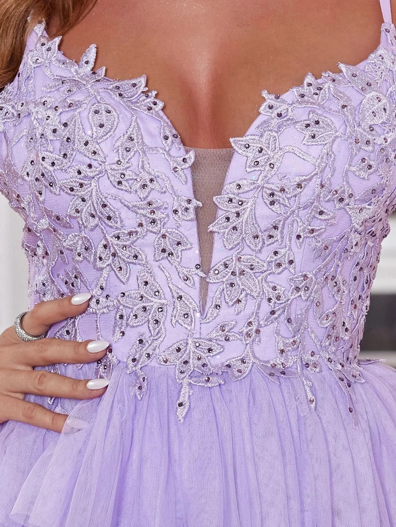 Lace Embroidery Spaghetti Strap Layered Ball Gown Prom Dress